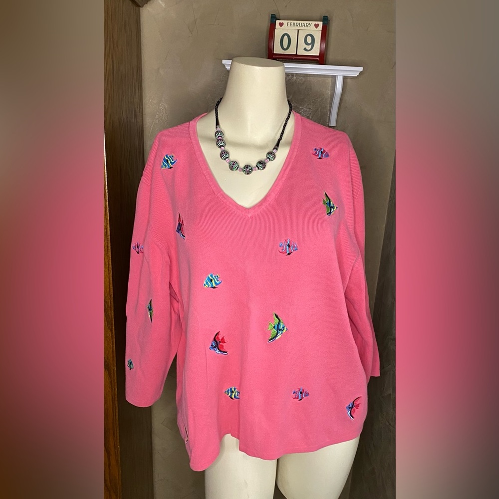 Alexandra Bartlett fish embroidery Sweater3/4 sleeves cotton 3X